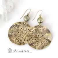 Gold Brass Earrings with Planetary Celestial Orbit Hand Stamped Texture