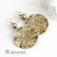 Gold Brass Earrings with Planetary Celestial Orbit Hand Stamped Texture