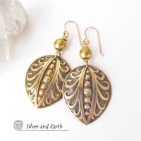 Gold Brass Earrings with Embossed Texture - Handcrafted Metal Jewelry