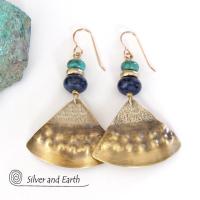 Gold Brass Earrings with Lapis Lazuli & Turquoise - Egyptian Inspired Jewelry