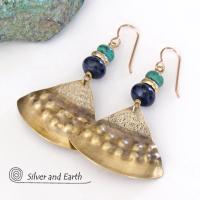 Gold Brass Earrings with Lapis Lazuli & Turquoise - Egyptian Inspired Jewelry