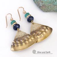 Gold Brass Earrings with Lapis Lazuli & Turquoise - Egyptian Inspired Jewelry