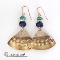 Gold Brass Earrings with Lapis Lazuli & Turquoise - Egyptian Inspired Jewelry