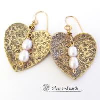 Gold Brass Heart Earrings with White Pearls - Anniversary Gifts for Women