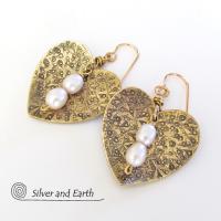 Gold Brass Heart Earrings with White Pearls - Anniversary Gifts for Women