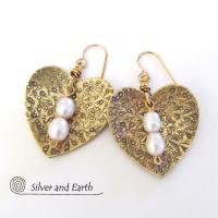 Gold Brass Heart Earrings with White Pearls - Anniversary Gifts for Women