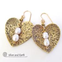 Gold Brass Heart Earrings with White Pearls - Anniversary Gifts for Women
