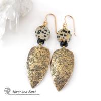 Gold Brass Tribal Shield Earrings with Dalmatian Jasper Stones