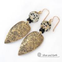 Gold Brass Tribal Shield Earrings with Dalmatian Jasper Stones