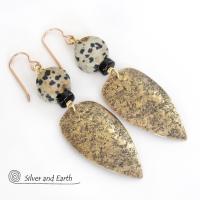 Gold Brass Tribal Shield Earrings with Dalmatian Jasper Stones