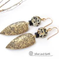 Gold Brass Tribal Shield Earrings with Dalmatian Jasper Stones