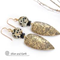 Gold Brass Tribal Shield Earrings with Dalmatian Jasper Stones