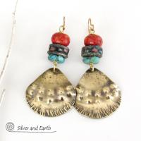 Brass Tribal Earrings with African Beads, Turquoise & Red Coral - Unique Handmade Boho Ethnic Style Jewelry