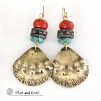 Brass Tribal Earrings with African Beads, Turquoise & Red Coral - Unique Handmade Boho Ethnic Style Jewelry