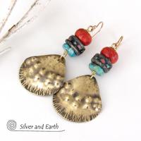 Brass Tribal Earrings with Turquoise & Red Coral - Bold Exotic Jewelry