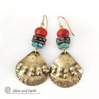 Brass Tribal Earrings with African Beads, Turquoise & Red Coral - Unique Handmade Boho Ethnic Style Jewelry