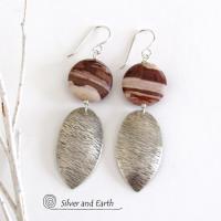 Textured Sterling Silver Earrings with Brown Zebra Jasper Stones