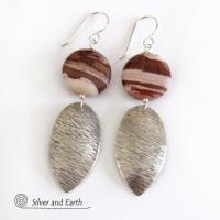 Textured Sterling Silver Earrings with Brown Zebra Jasper Stones