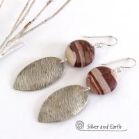 Textured Sterling Silver Earrings with Brown Zebra Jasper Stones