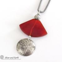 Hammered Sterling Silver & Carnelian Necklace - Unique Natural Stone Jewelry