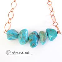 Chunky Turquoise Necklace on Copper Chain - Earthy Natural Turquoise Jewelry