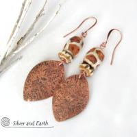 Copper Earrings with African Giraffe Print Agate Stones and Carved Bone Beads
