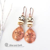 Copper Boho Earrings with Carved Bone - African Tribal Jewelry