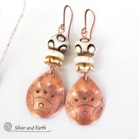 Copper Boho Earrings with Carved Bone - African Tribal Jewelry