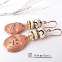Copper Boho Earrings with Carved Bone - African Tribal Jewelry