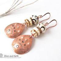 Copper Boho Earrings with Carved Bone - African Tribal Jewelry