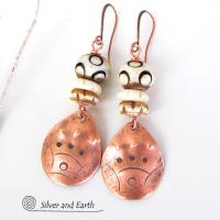 Copper Boho Earrings with Carved Bone - African Tribal Jewelry