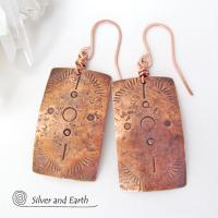 Copper Earrings with Hand Stamped Tribal Pattern - Southwest Style Jewelry