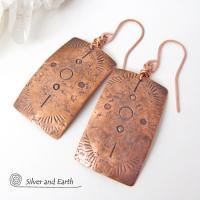 Copper Earrings with Hand Stamped Tribal Pattern - Southwest Style Jewelry