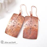 Copper Earrings with Hand Stamped Tribal Pattern - Southwest Style Jewelry