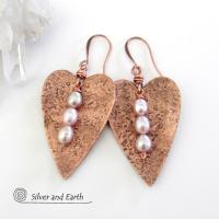 Copper Heart Earrings with Pearls - 7th Wedding Anniversary Gifts for Women