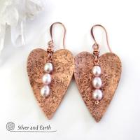 Copper Heart Earrings with Pearls - 7th Wedding Anniversary Gifts for Women