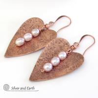 Copper Heart Earrings with Pearls - 7th Wedding Anniversary Gifts for Women