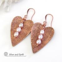 Copper Heart Earrings with Pearls - 7th Wedding Anniversary Gifts for Women