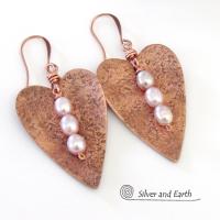 Copper Heart Earrings with Pearls - 7th Wedding Anniversary Gifts for Women