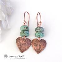Copper Heart Earrings with African Turquoise Stones - Romantic Gifts for Her