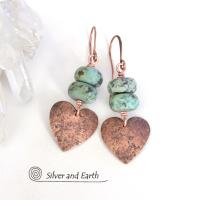 Copper Heart Earrings with African Turquoise Stones - Romantic Gifts for Her