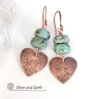 Copper Heart Earrings with African Turquoise Stones - Romantic Gifts for Her