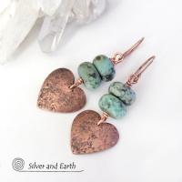 Copper Heart Earrings with African Turquoise Stones - Romantic Gifts for Her