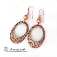 Copper Oval Hoop Earrings with Brushed Satin Beads - Chic Modern Jewelry