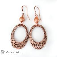 Copper Oval Hoop Earrings with Brushed Satin Beads - Chic Modern Jewelry