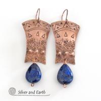 Copper Egyptian Earrings with Lapis Lazuli Gemstones - Bold Exotic Jewelry