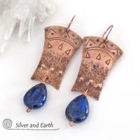 Copper Egyptian Earrings with Lapis Lazuli Gemstones - Bold Exotic Jewelry
