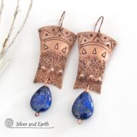 Copper Egyptian Earrings with Lapis Lazuli Gemstones - Bold Exotic Jewelry