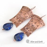Copper Egyptian Earrings with Lapis Lazuli Gemstones - Bold Exotic Jewelry