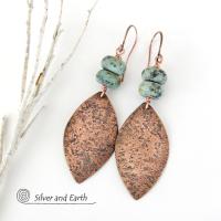 Rustic Hammered Copper Dangle Earrings with African Turquoise Stones